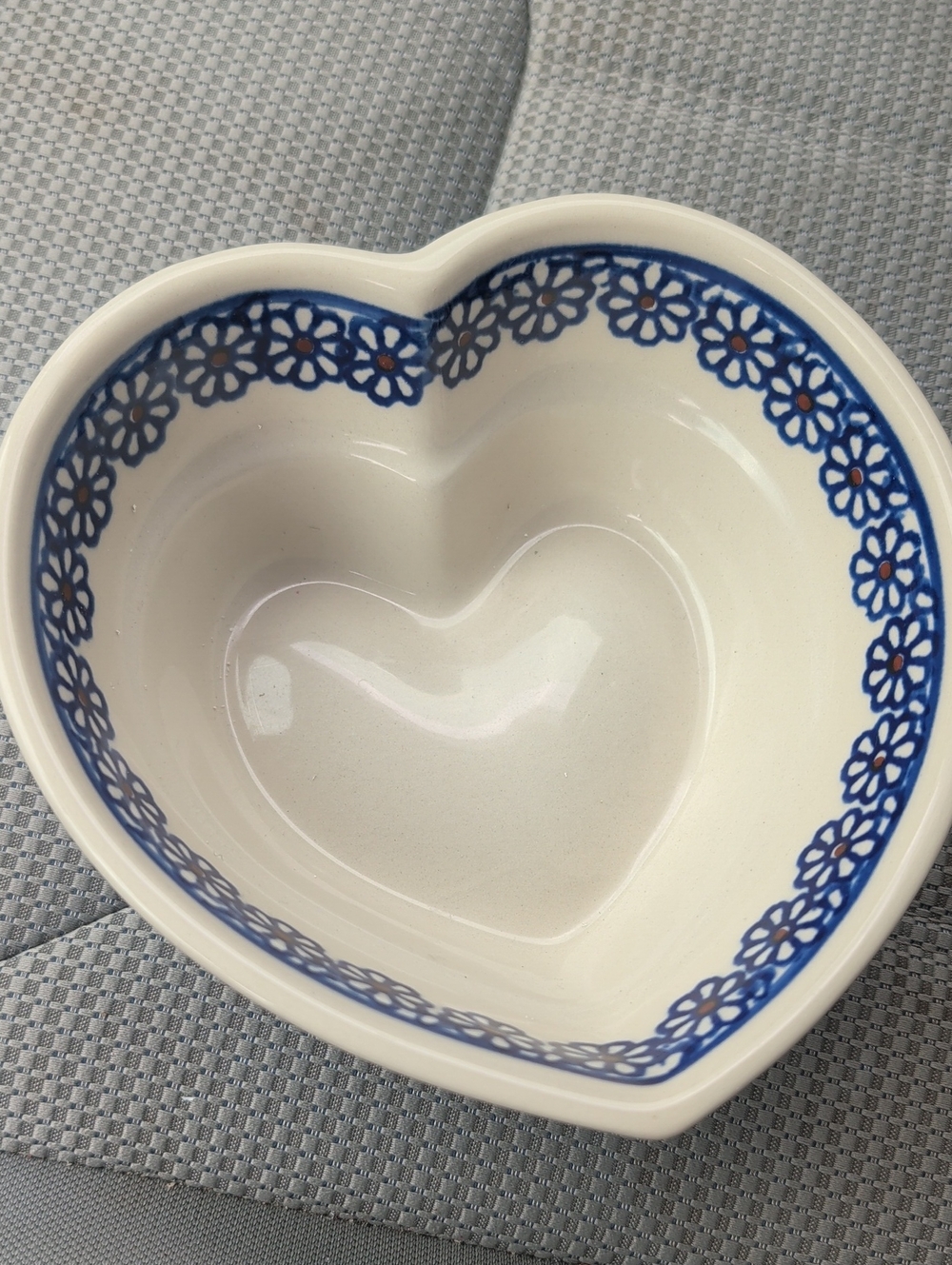 Polish Pottery Heart Shaped Ceramic Bowl with Blue Floral Border